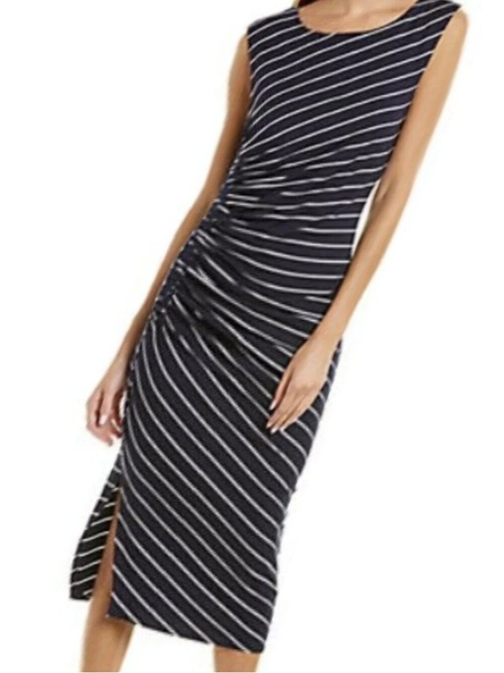 Super Flattering Navy and White Striped Sleeveless Ruched Midi Dress